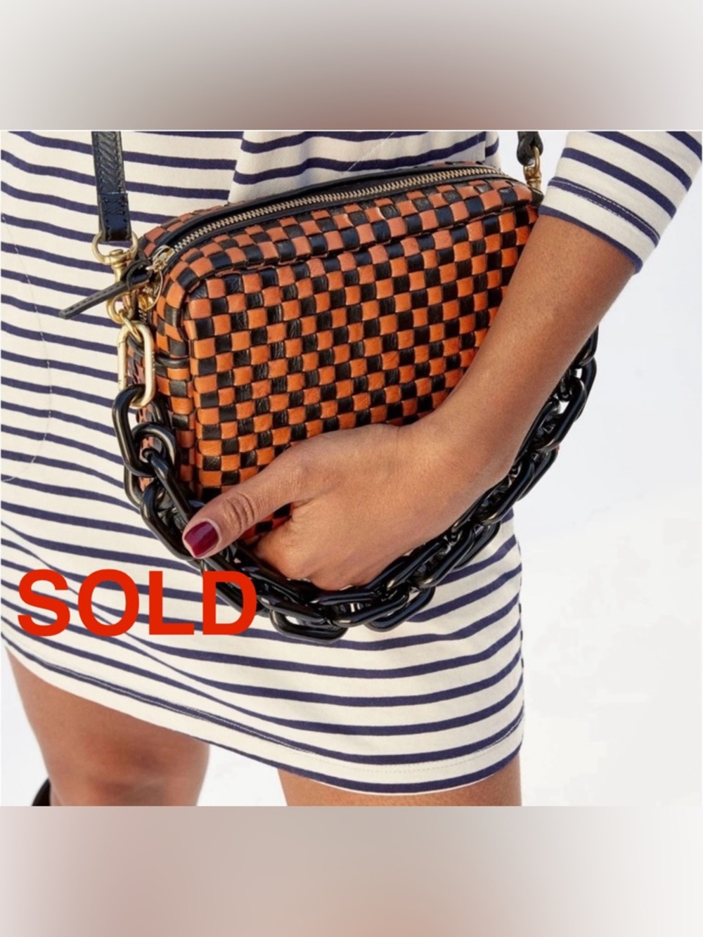 Clare V NWT & Dust bag Black & Natural woven leather checkerboard midi